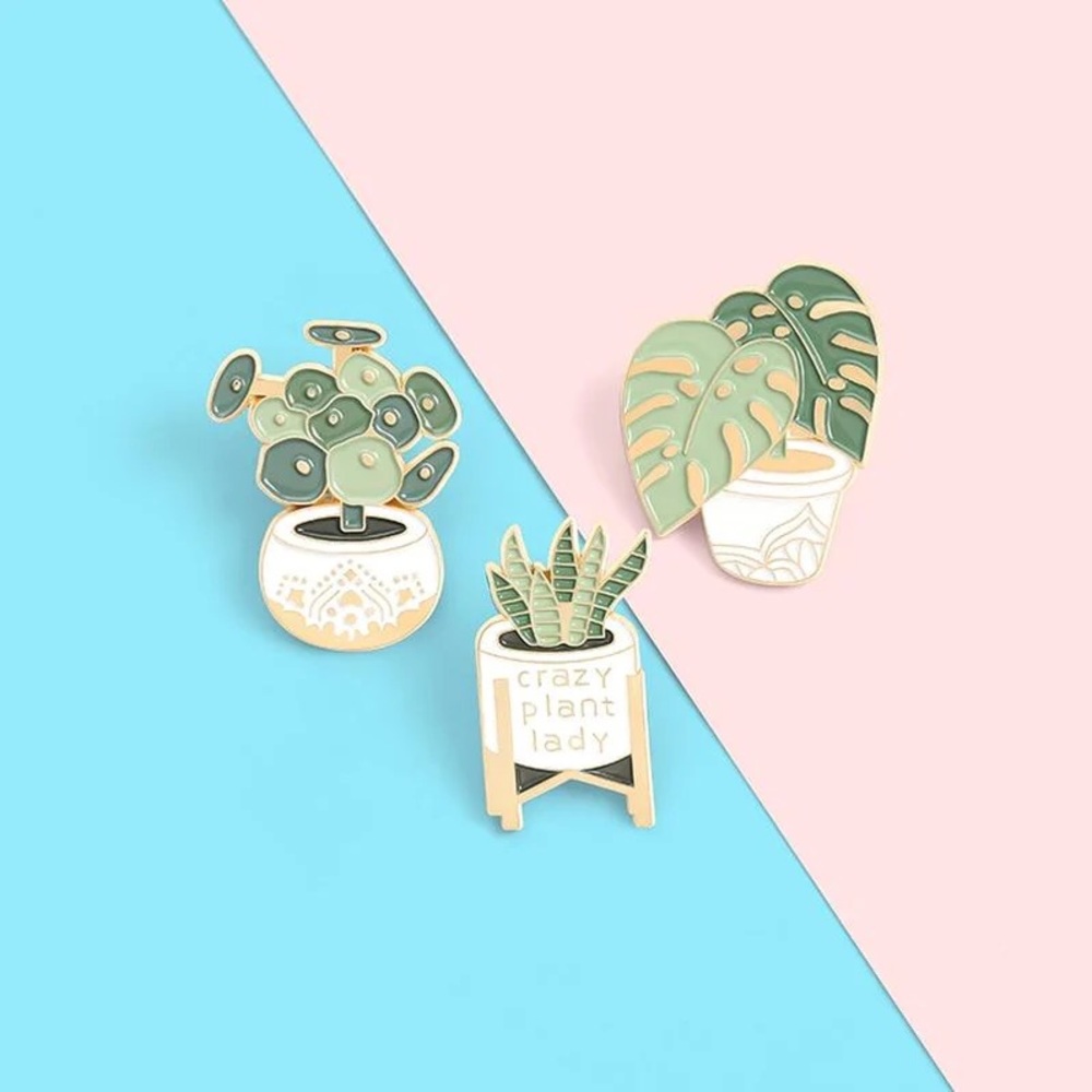 Boho Potted Snake Plant On A Stand “Crazy Plant Lady” Metal Enamel Pin Brooch - Picture 9 of 13